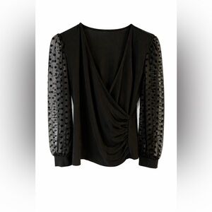 🍀🍀 Anne Klein Black Surplice Blouse Sheer Polka Dot Sleeve Top